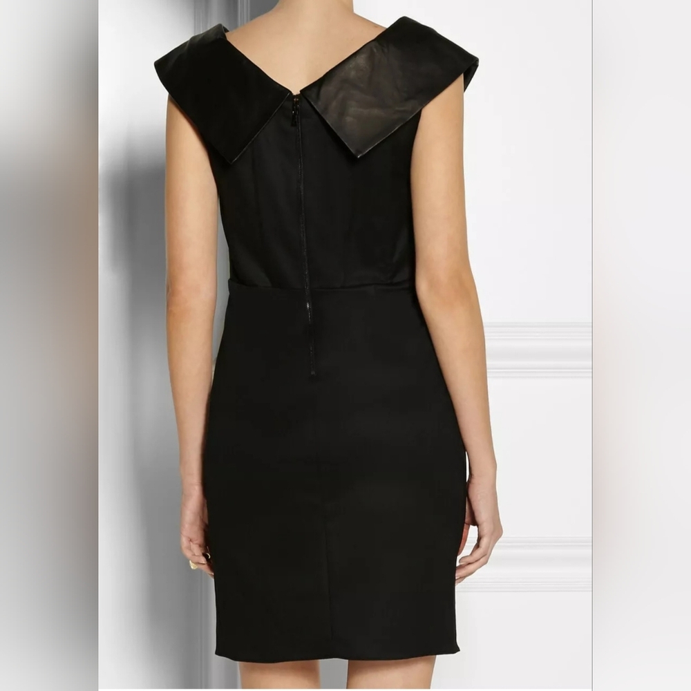 Alice + olivia Shayna Leather Trim Shawl Collar Faux Wrap Black Dress - Picture 11 of 15